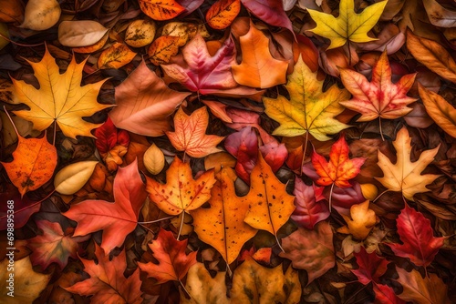  Autumn leaves in various shades of red and gold  creating a stunning tapestry in a wooded area
