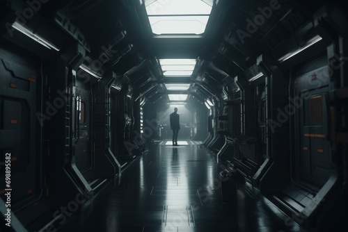 Futuristic sci-fi corridor, dark and atmospheric. Generative AI