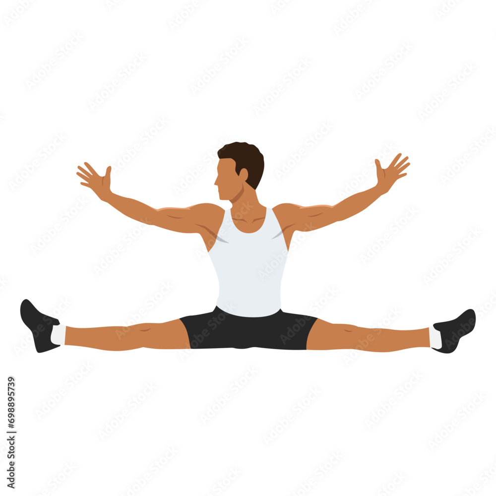 Man doing splits exercise or stretch. Flat vector illustration isolated on white background Man doing splits exercise or stretch. Flat vector illustration isolated on white background