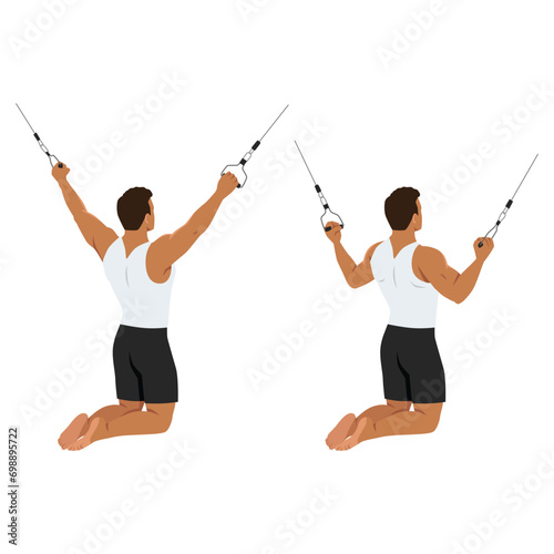 Man doing kneeling cable lat pulldown exercise. Flat vector illustration isolated on white background