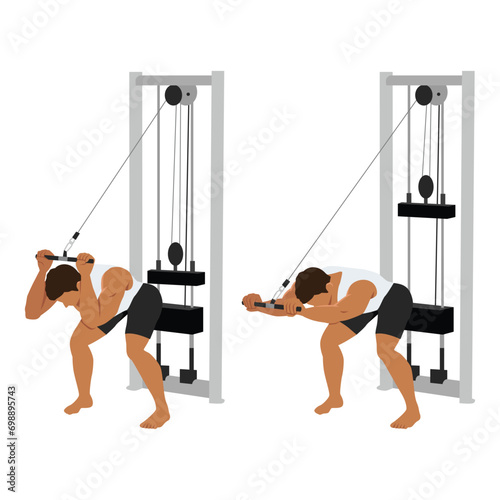 Man doing cable bent over triceps extension exercise. Flat vector illustration isolated on white background