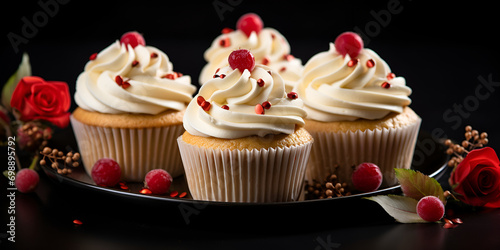   Close up on delicious cupcakes with toping red cherry on a  wooden table and black background  AI Generative  photo