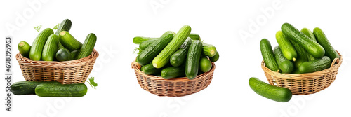 Set of Village cucumbers. Cucumber close-up. Cucumbers in a basket. A set of cucumbers. Isolated on a white background.