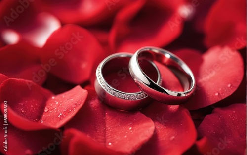 Sortijas de matrimonio sobre pétalos rojos