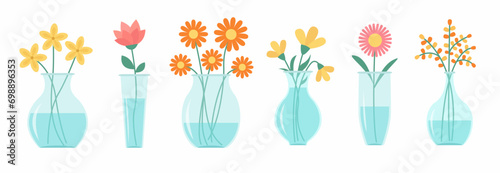 Flower in vase set line. Glass vases with blue water. Different flowers. Cute colorful icon collection. Daisy, tulip, gerbera. Ceramic Pottery Glass decoration. White background. Flat design.