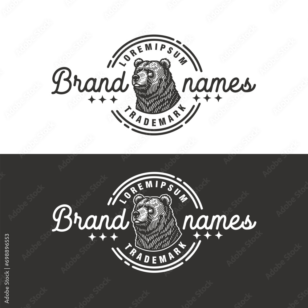 grizzly bear head vintage badge monochrome logo design vector template illustration - obrazy, fototapety, plakaty 