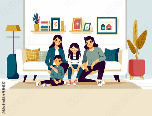 happy family mother father and kids children at home living room indoor sofa illustration