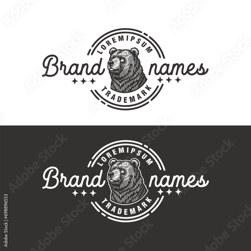 grizzly bear head vintage badge monochrome logo design vector template illustration