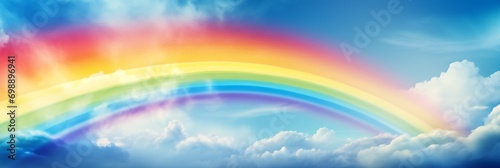 Beautiful sunny summer blue sky panoramic rainbow - fluffy clouds with a giant arcing rainbow against a beautiful summertime blue sky with plenty of space for text. photo