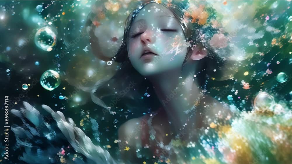 A girl with closed eyes and a serene expression, enveloped by colorful lights and bubbles, appears to be floating in space.
A girl with closed eyes and a serene expression, enveloped by colorful lights and bubbles, appears to be floating in space.