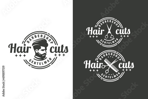 hair cut barbershop set vintage label badge logo design vector template illustration