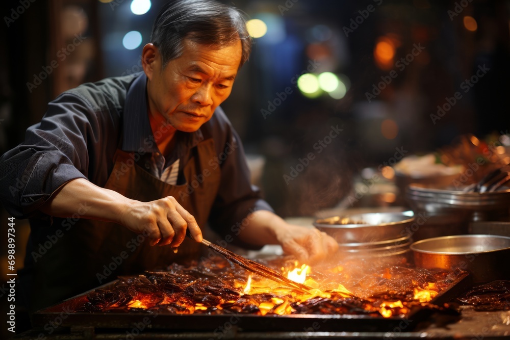 Street vendor frying golden, crispy tempura, Generative AI Street vendor frying golden, crispy tempura, Generative AI