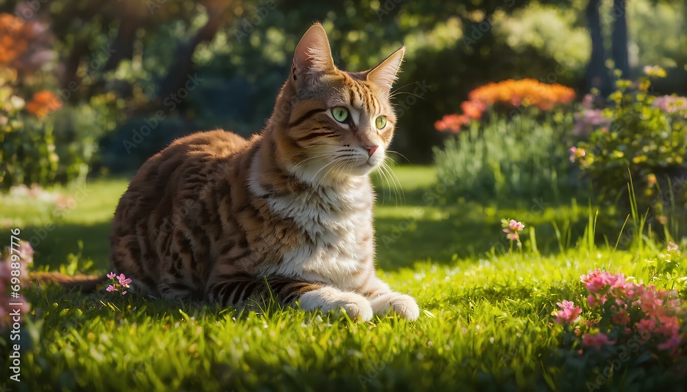 cat in the garden looks at the beauty of nature.