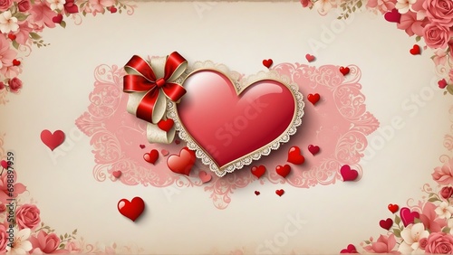 Banner with heart decorations, roses and gifts. Vintage style. Holiday concept. Valentine's Day, Mother's Day, Women's Day. Illustration, for design, print, background with copy space for text