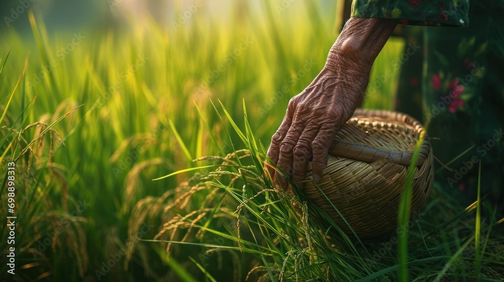 Obraz premium photo of The hands of A Portrait of a farmer wearing a wicker hat