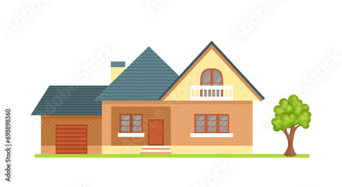 Vector brick house isolated on white background. Illustration of a yellow cottage with a garage and a green tree. Simple flat style.