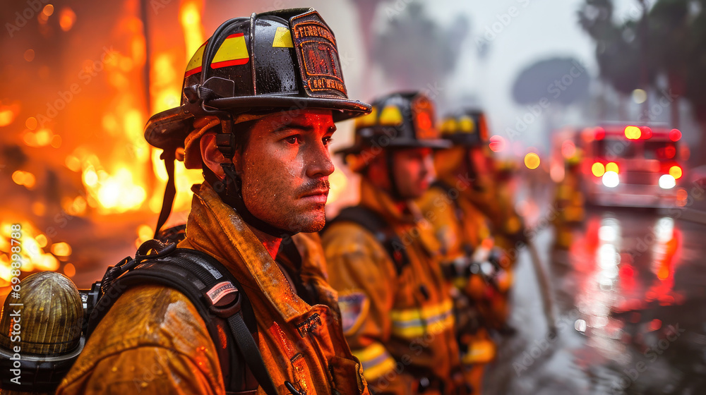 A brave firefighter with his team in the background, preparing to tackle a fierce fire, showcasing dedication and courage. A brave firefighter with his team in the background, preparing to tackle a fierce fire, showcasing dedication and courage.
