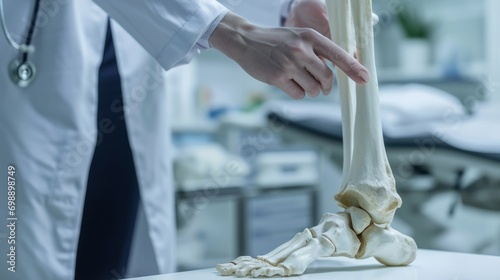 Doctor or laboratory technician points out injured leg and knee bones of a patient in a medical clinic room. #698898749