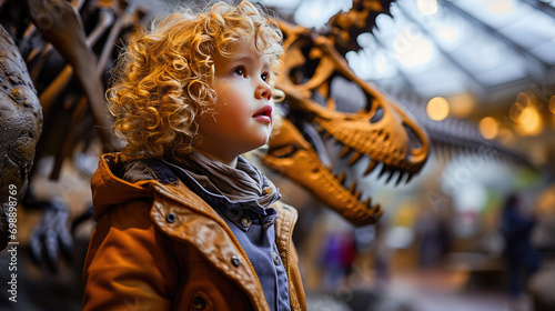 A young child with curly hair looks in awe at a dinosaur skeleton in a museum, expressing curiosity and wonder.