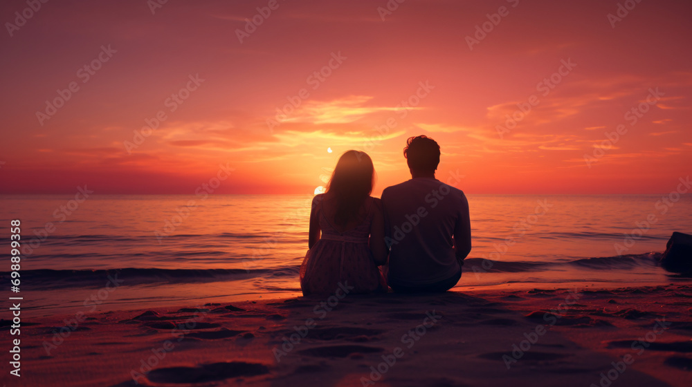 Couple sits on a Sandy beach watching the sunset
