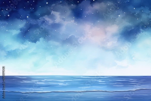 Moonlit Watercolor Night Scene Ocean Background: Serene Seascape © Little