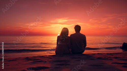 Couple sits on a Sandy beach watching the sunset