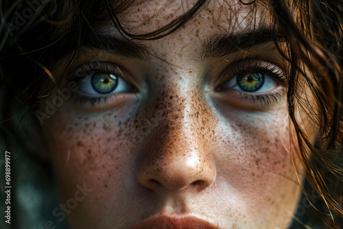 portrait of a beautiful green-eyed young woman with freckles, close-up and banner with physical and mental health ideas, copy space for concept © Ed