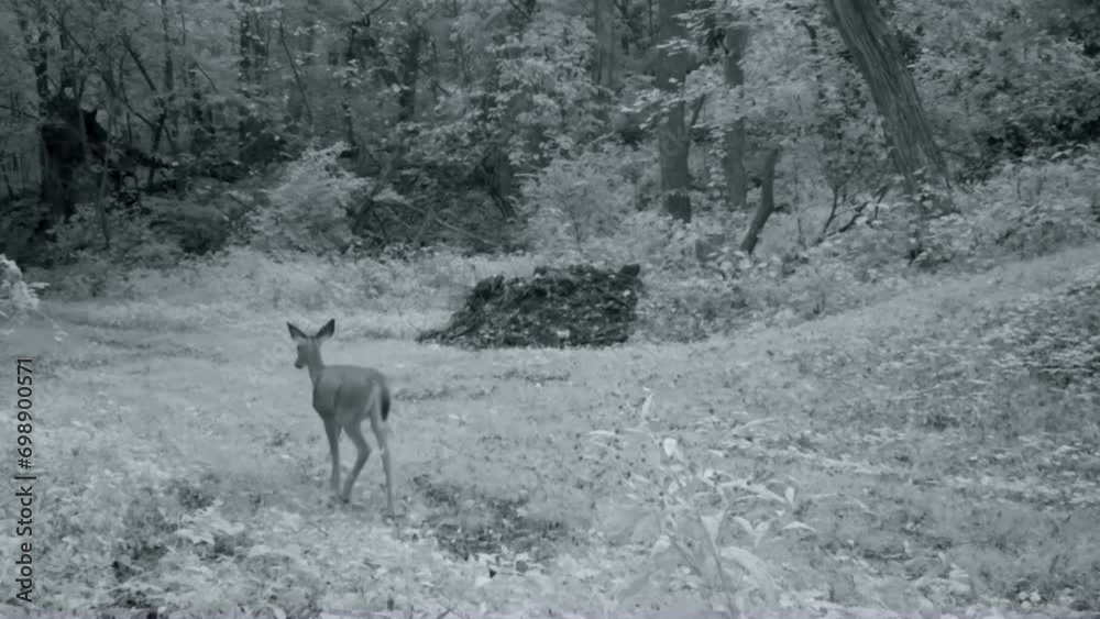 White Tail Deer fawn slowly walks through a clearing in the woods with a stack of cut wood at the trail crossing at dusk in autumn; concepts of nature, game camera, wildlife management and hunting White Tail Deer fawn slowly walks through a clearing in the woods with a stack of cut wood at the trail crossing at dusk in autumn; concepts of nature, game camera, wildlife management and hunting