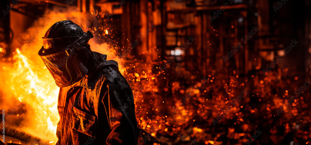 Steel foundry protective equipment and helmet surrounded by glow and sparks of molten metal during welding metalworking. The silhouette of worker against fiery background. Banner. Copy space Steel foundry protective equipment and helmet surrounded by glow and sparks of molten metal during welding metalworking. The silhouette of worker against fiery background. Banner. Copy space