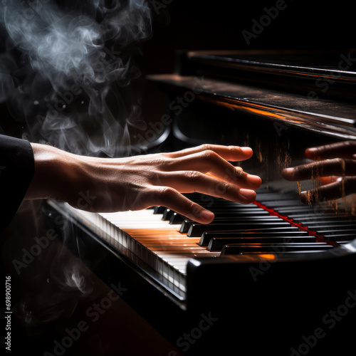 Hands on a piano close-up hovering over the keys playing a piece on a dark mysterious magical background with smoke and particle effects. Virtuoso piano playing. Music festival and concert