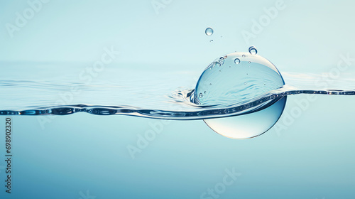 An abstract round drop of water falls into water, forming receding waves and circles on the surface. Balance and symmetry. Unique natural phenomena. Purity and tranquility. Relaxation. Splashing photo