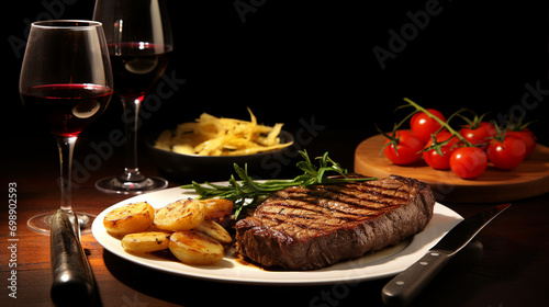 Romantic Dinner for Two with Succulent Steaks and Rich Red Wine - Cozy Evening Celebration of Love and Gourmet Delight 