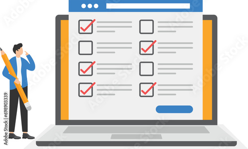 Online survey concept design for web or app. Businessmen fill online form computer flat vector


