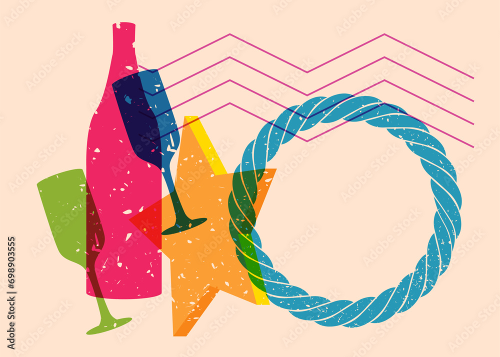 Risograph Champagne glass and bottle with geometric shapes. Objects in trendy riso graph print texture style design with geometry elements.