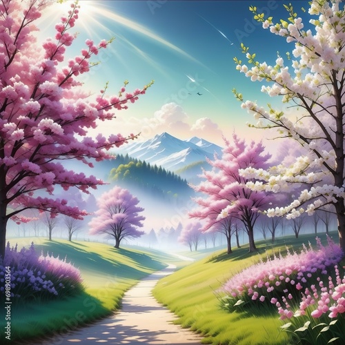 beautiful landscape with colorful flowersbeautiful landscape with flowers and trees