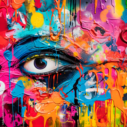 Abstract geometric multicolored graffiti with text and eye on a street wall The myriad of colors ranging from yellow to deep blue, pink, orange, dynamic swirls and splashes. Street art. © stateronz