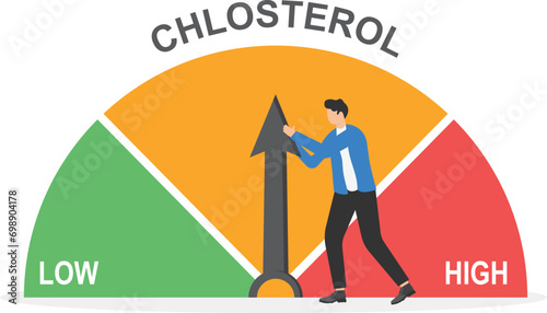 Cholesterol level meter gauge with arrow indicator for healthcare and heart health analysis, high and low fat test, blood risk and good or bad health control, a man pulling rope to normal position

