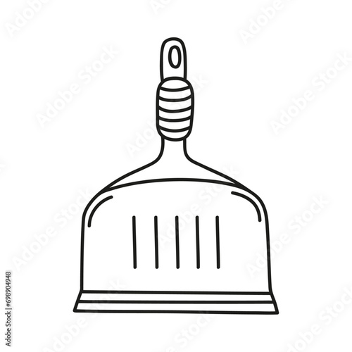 Hand drawn dustpan on a white isolated background. Cleaning equipment and supplies, home keeping. Doodle, simple outline illustration. 