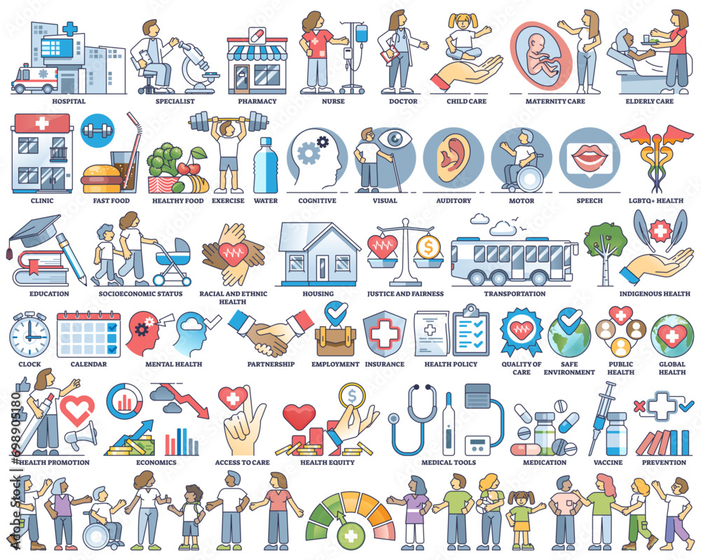 Health equity and medical system social elements outline collection set, transparent background. Items with hospital and doctor availability, public community care and wellness illustration. Health equity and medical system social elements outline collection set, transparent background. Items with hospital and doctor availability, public community care and wellness illustration.