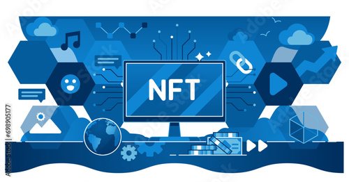 NFT non fungible token as unique ownership and identifier outline concept, transparent background. Modern digital art property information in blockchain to certify authenticity illustration.
