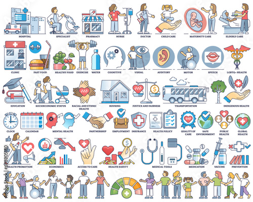 Health equity and medical system social elements outline collection set, transparent background. Items with hospital and doctor availability, public community care and wellness illustration.