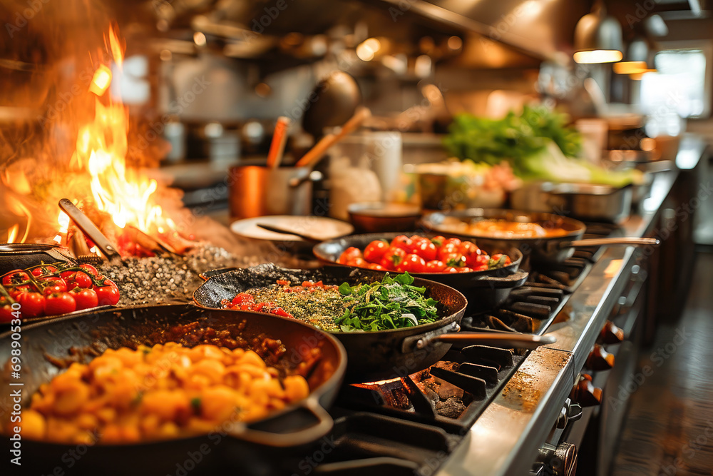 © apratim - Busy professional kitchen with flames cooking fresh ingredients in pans, showcasing culinary action and gourmet food preparation.