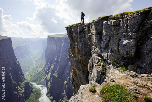 A lone hiker stands atop a stunning mountain cliff overlooking a deep valley with a river winding below.