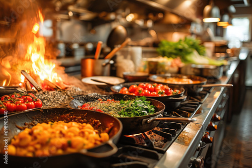 Busy professional kitchen with flames cooking fresh ingredients in pans, showcasing culinary action and gourmet food preparation. photo