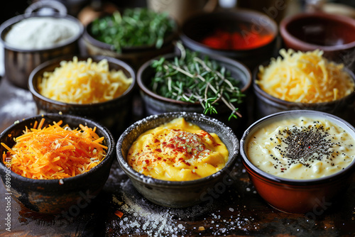 Assorted bowls of grated cheese, fresh herbs, and colorful spices, ready for culinary use in a kitchen setting.