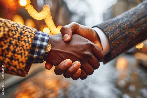 Close-up image of a multiracial handshake between two people against an urban city backdrop. photo