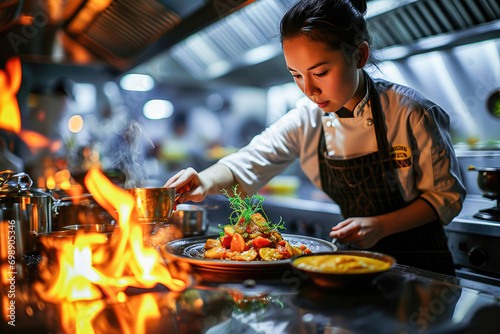 A professional female chef garnishing a dish in a commercial kitchen with flames rising from the stove.