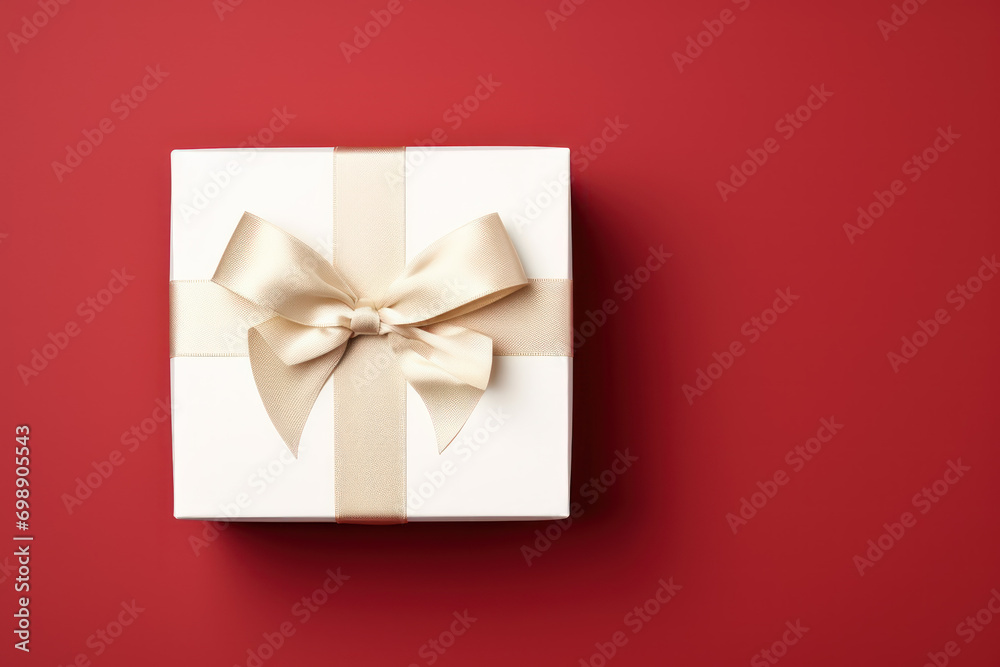 Elegant White Gift Box with Golden Ribbon, Top View on Red Background, Celebrations, Christmas, Happy, Birthday, surprise, package.