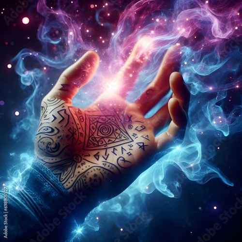 Magical mystical hand with fantasy floating sparks on dark background