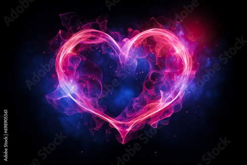 Neon Heart flame Vivid Pink and Indigo Hues on black background, a Symbol of Love's Radiant Power and Mystery